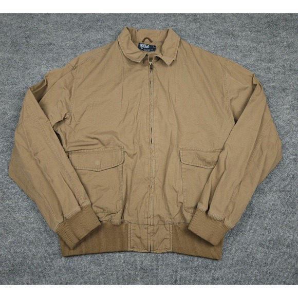 Polo Ralph Lauren Jacket Men's Large Beige Bomber Chore Zip Cotton Pockets